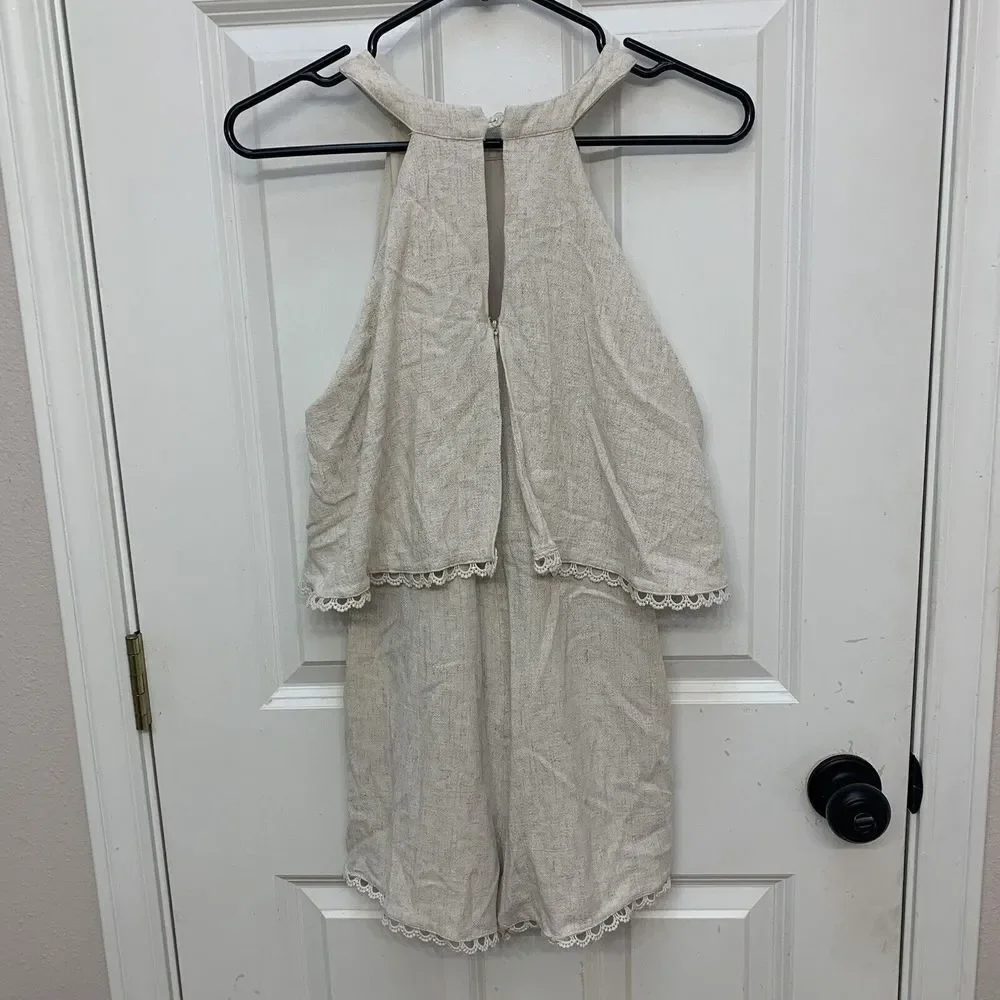 Sage The Label Women Sz S Sleeveless Romper Linen Layered Look High Neck Pockets - Picture 2 of 7